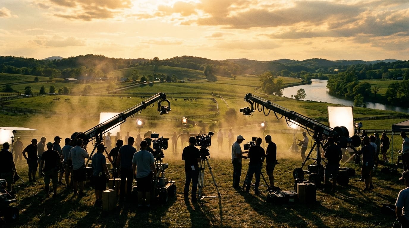 A film crew shooting on location in Kentucky's rolling countryside at golden hour